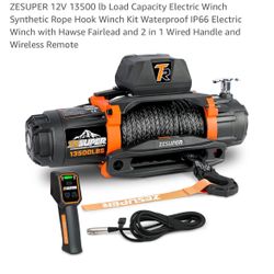 ZESUPER 12V 13500 lb Load Capacity Electric Winch Synthetic Rope Hook Winch Kit Waterproof IP66 Electric Winch with Hawse Fairlead and 2 in 1 Wired Ha