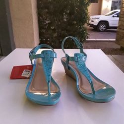 Size 7.5 Renee Renee Dexflex Comfort Light Blue Teal Bedazzled Wedges Heels Shoes