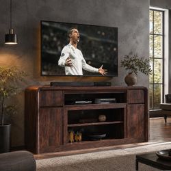70”TV Stand Modern Brown Wood Media Console with Drawers and Doors Open Storage Shelves(Up to 80”TVs)