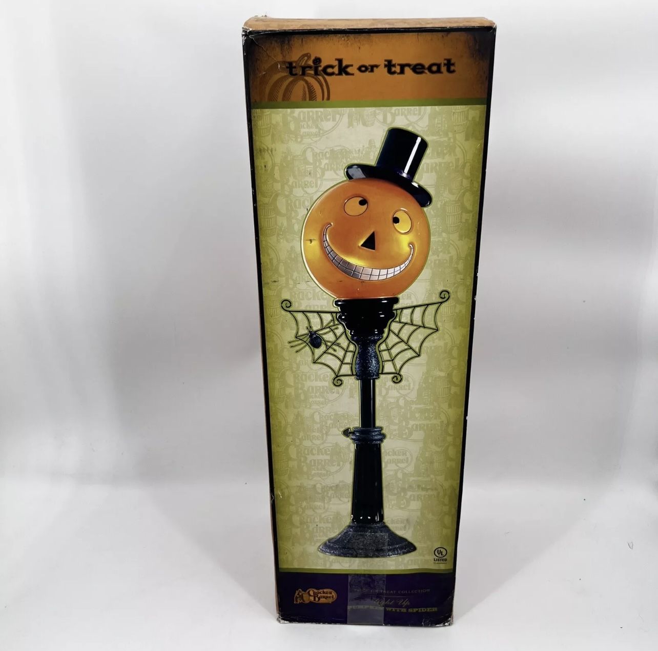 Vintage Cracker Barrel Lit Pumpkin Street Light Spiderweb Lamp Post Halloween Decor 36"