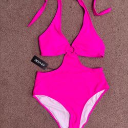 New Medium hot neon pink one piece Swimsuit Bathing Suit festival rave halter