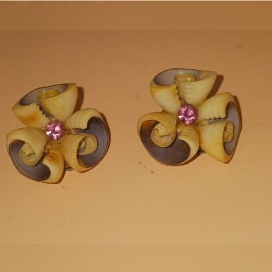 Vintage Seashell Clip On Earrings, Pink Rhinestone
