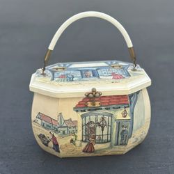 OP Cargill Vintage Octagon Wooden Purse Sewing Box Decoupage Cityscape Handbag Mothers Day