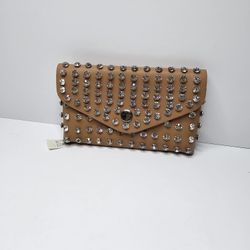 Womens Brown Crystal Studded Small Envelope Clutch Handbag Purse Wallet   