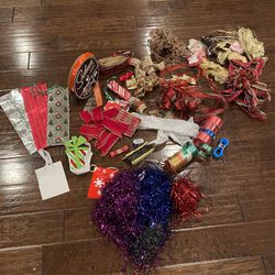 Christmas wired ribbon/bows, 6 sacks, LOTS of ribbon, bag filler