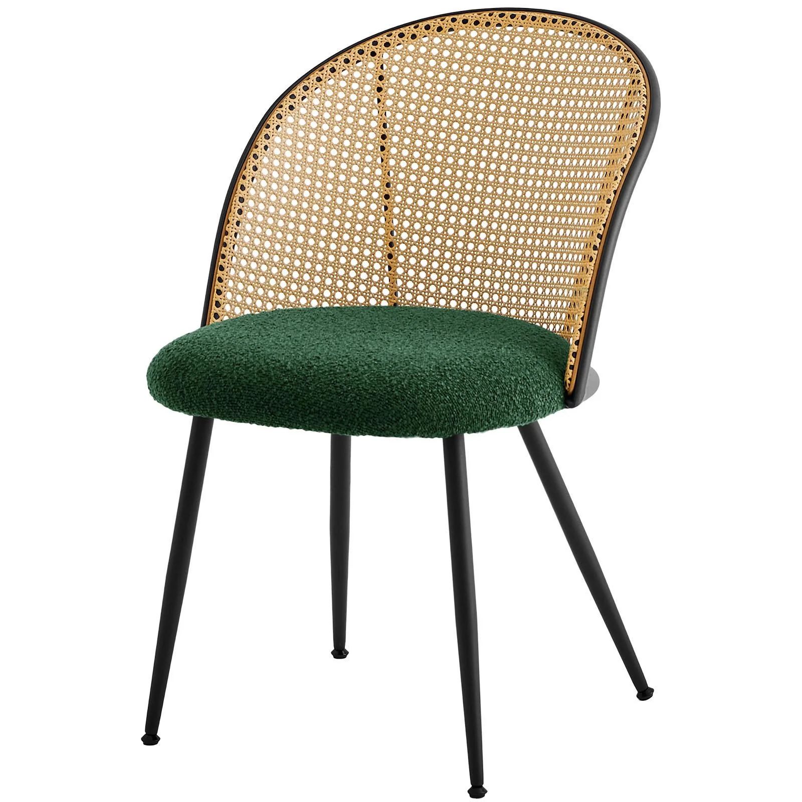 Modern Cane Back Dining Chair with Green Upholstered Seat