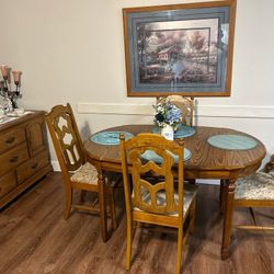Oak Dining Table, Leaf, 6 Chairs