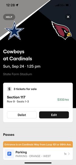 Cardinals Vs Cowboys 4 Tix Lower Level Section 117