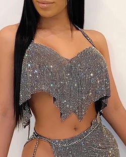 Halter Backless Sequin Top & Slit Skirt Sets