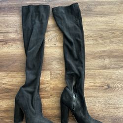 Black Suede Thigh High Heel Boots 