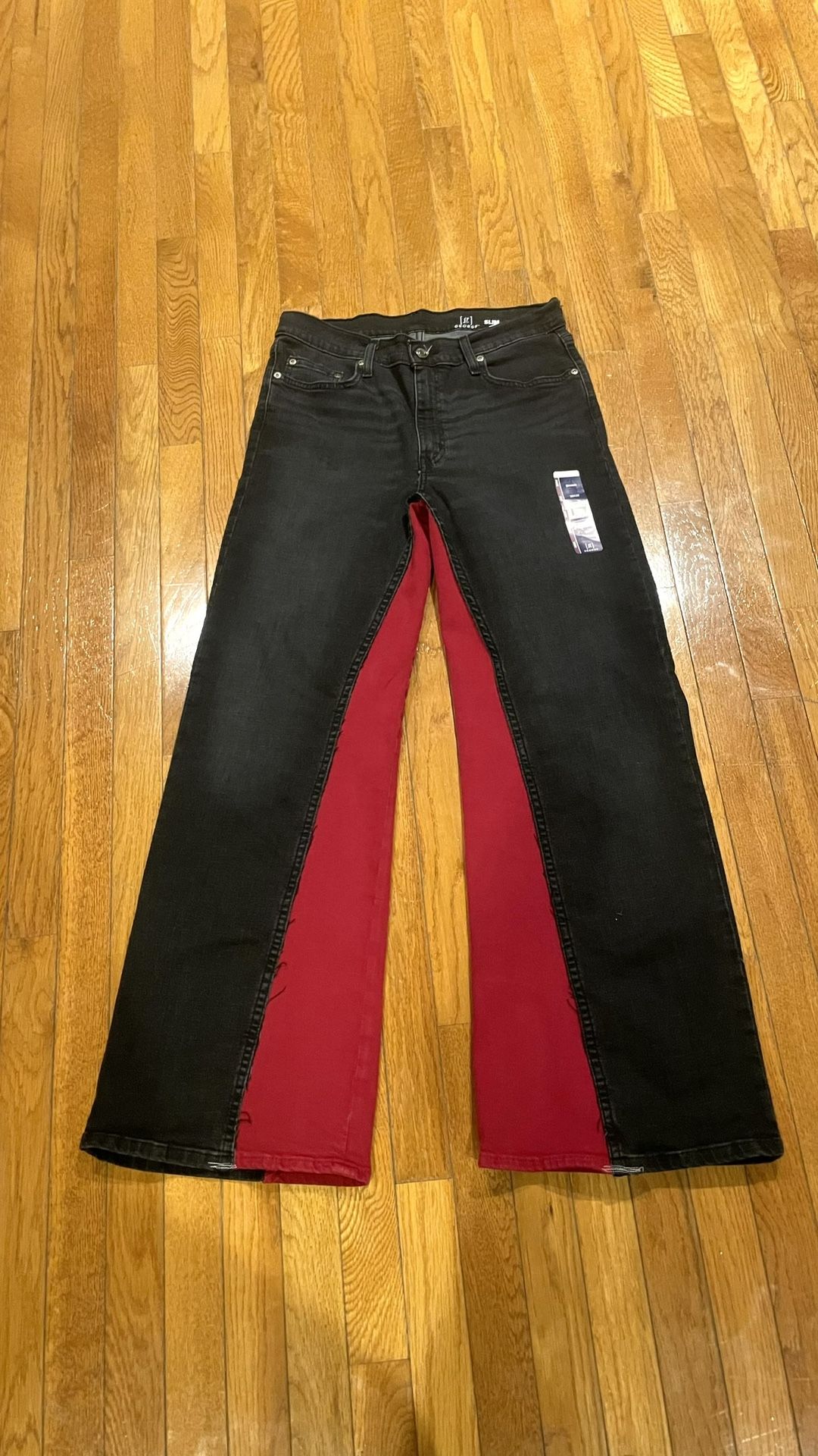Red And Black Straight Flared Jeans With Back Red Pockets
