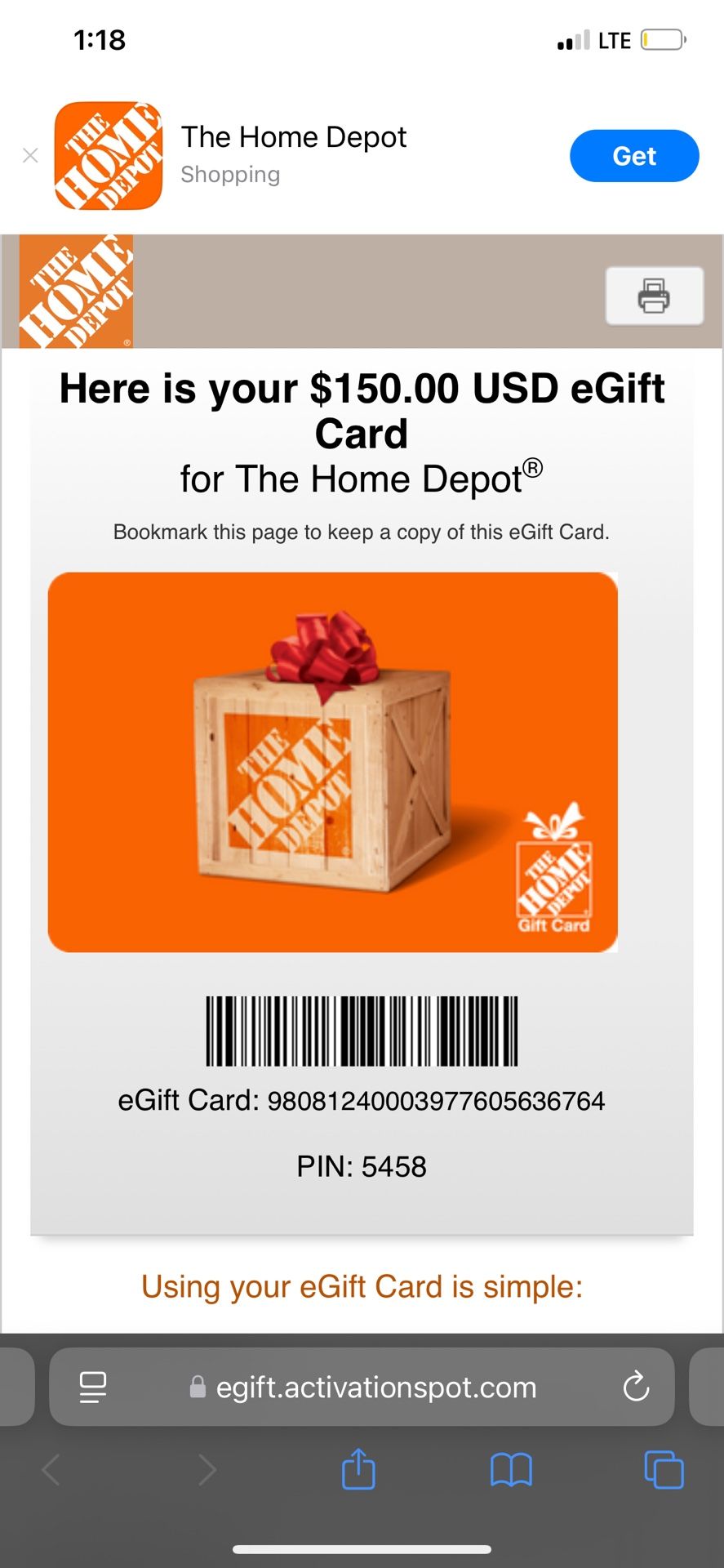 E gift Card NOT USED !