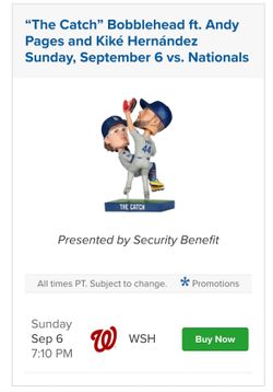 9/6 Dodgers vs Nationals “The Catch” Bobblehead Giveaway