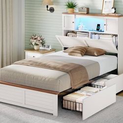 Farmhouse Bed Frame Twin Size with Bookcase and Storage Cabinets Headboard, Wood Platform Bed with LED Lights, Charging Station, 4 Drawers, Decoration