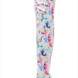 NEW White Multicolor Tie-Dye Thigh High Heel Boots