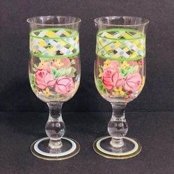 Vtg. Set of 2 Waverly Masterpiece Garden Room Handpainted Pink Rose 8” Tall Wine Glass Water Goblets Wine Glasses Footed Stem