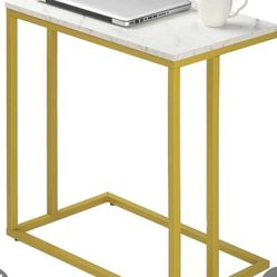 PrimeZone C Shaped Side Table - Faux Marble Wide End Table For Sofa Couch & Living Room, TV Tray Table, 23" W X 13.5" D X 27" H, Gold Frame Faux Marbl