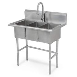 38 in. W x 24 in. D Freestanding Stainless Steel 3-Compartment Commercial Laundry/Utility Sink