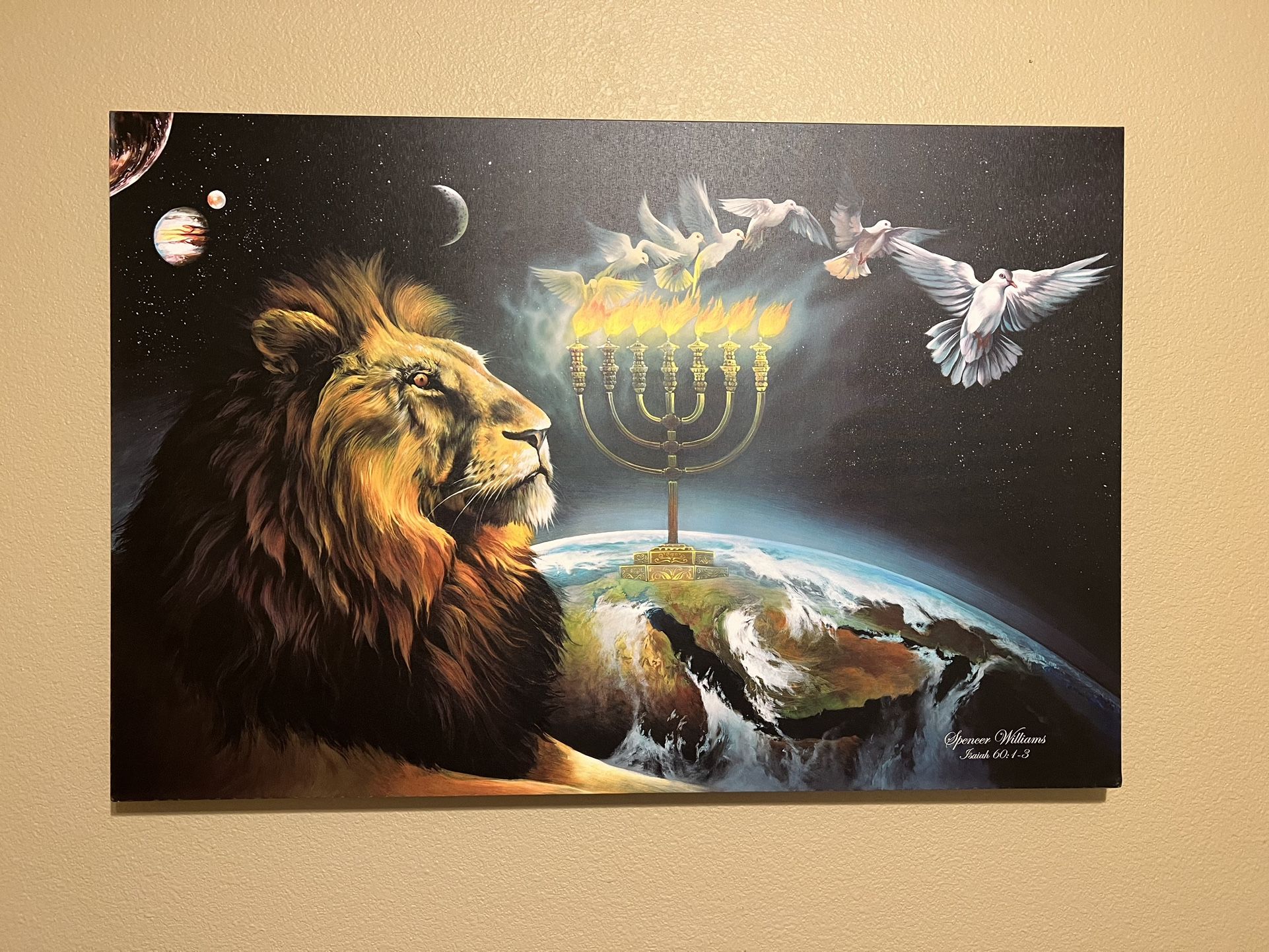 Beautiful Lion With Menora And Doves Painting Wall Art