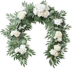 Floroom 6ft Artificial Eucalyptus Garland with Flowers Fake Greenery Faux Floral Vine Garland for Table Decor Wedding Centerpieces Bridal Shower Party