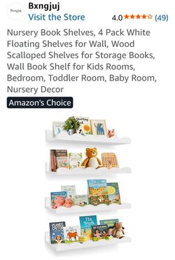 Nursery Book Shelves, 4 Pack White Floating Shelves for Wall, Wood Scalloped