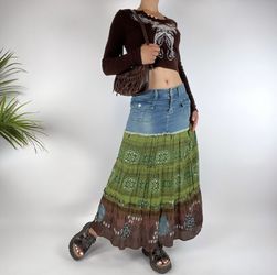 Vintage East Of LA Boho Green Brown Denim Tiered Fairy Core Paisley Maxi Skirt