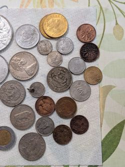 Antique spoons and knife, coins
