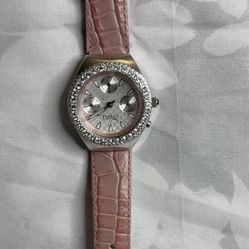 DMQ Crystal Bezel Watch Pink Leather Band