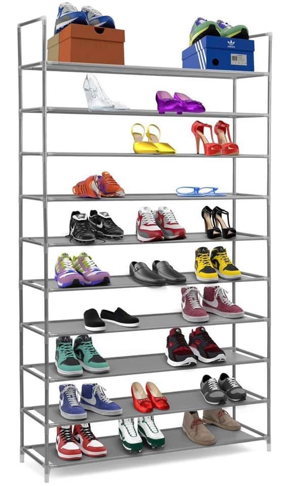 10 Tier Stackable Shoe Rack Storage Shelves - Stainless Steel Frame Holds 50 Pairs of Shoes