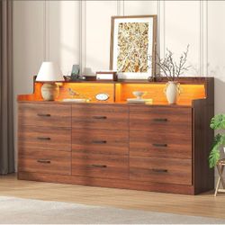 9 Drawer Dresser with Built in Power Outlet and LED Light, Modern Chest of Drawers for Bedroom, Triple Wide Drawer Organizer Cabinet for Living Room, 