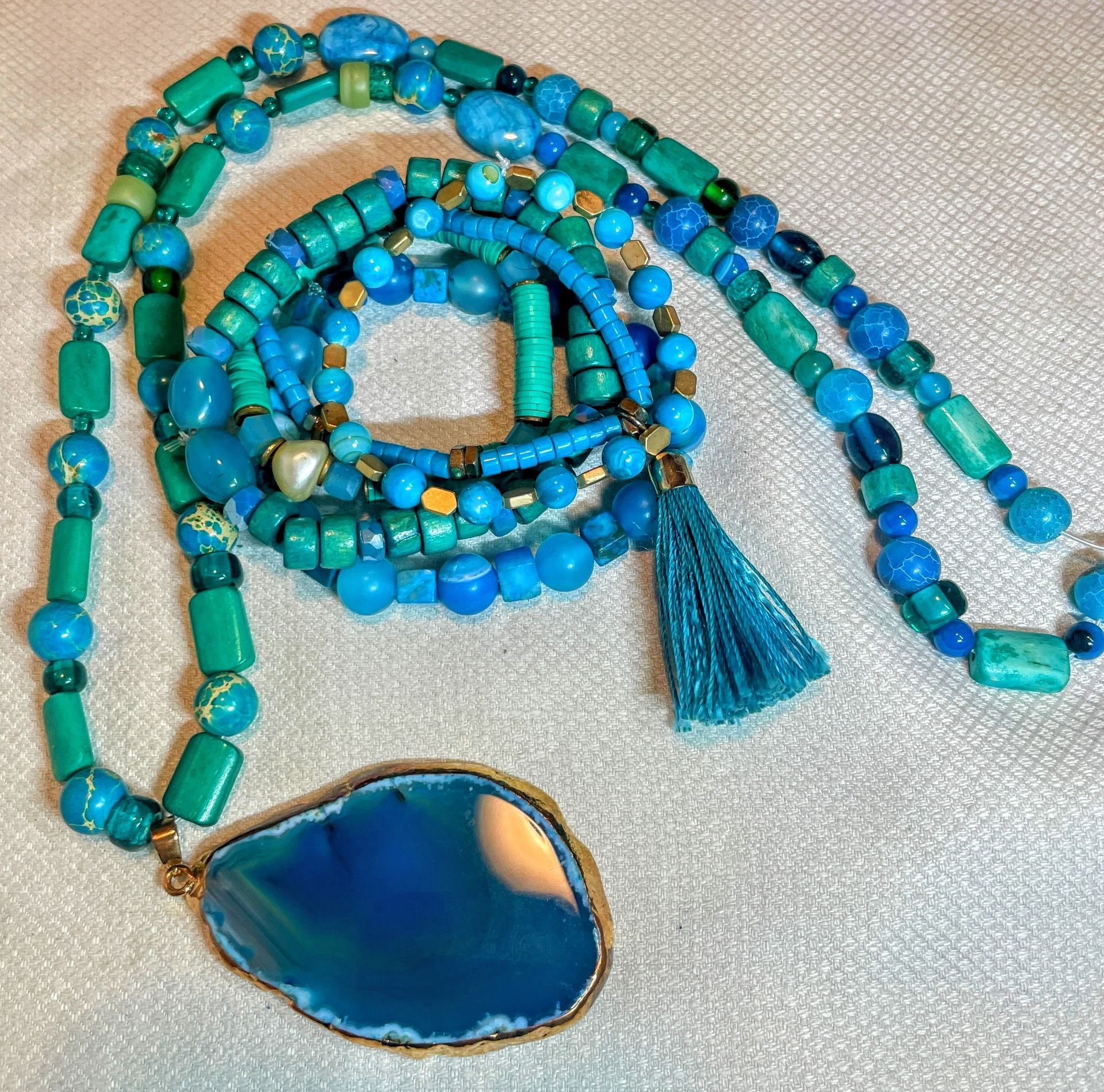 Turquoise Stone, Wooden, Ceramic Necklace And Bracelet Set