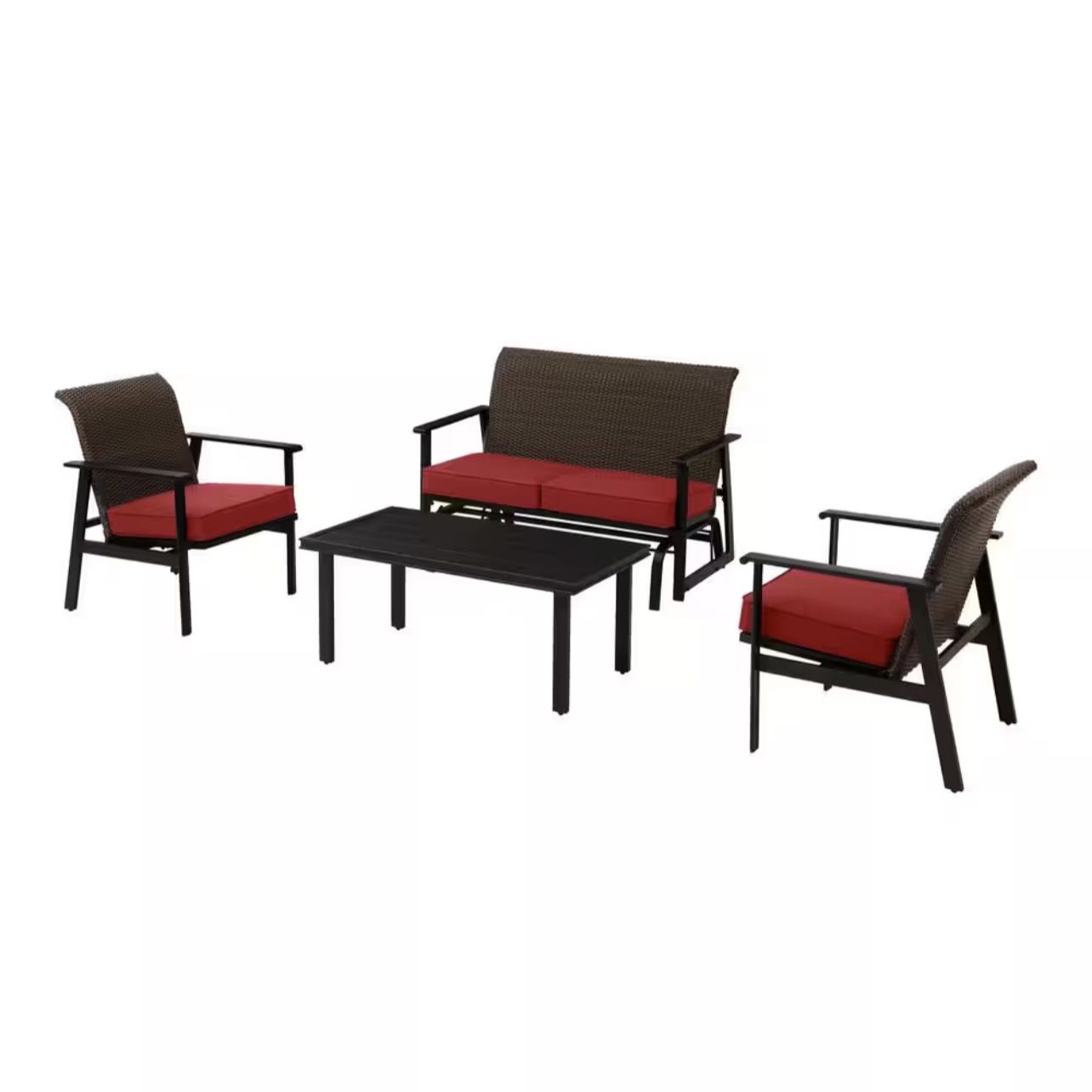 Hampton Bay Morgan Springs Brown 4-Piece Woven Outdoor Padded Wicker Deep Seating Set with CushionGuard Chili Red Cushions