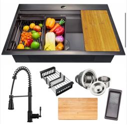 All-in-One Matte Black Finished Stainless Steel 33 in. x 22 in. Single Bowl Drop-in Kitchen Sink with Spring Neck Faucet