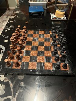 Marble Chess Pieces And Set And Board Vintage 