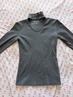 Gray Ribbed Choker Neck Long Sleeve Top