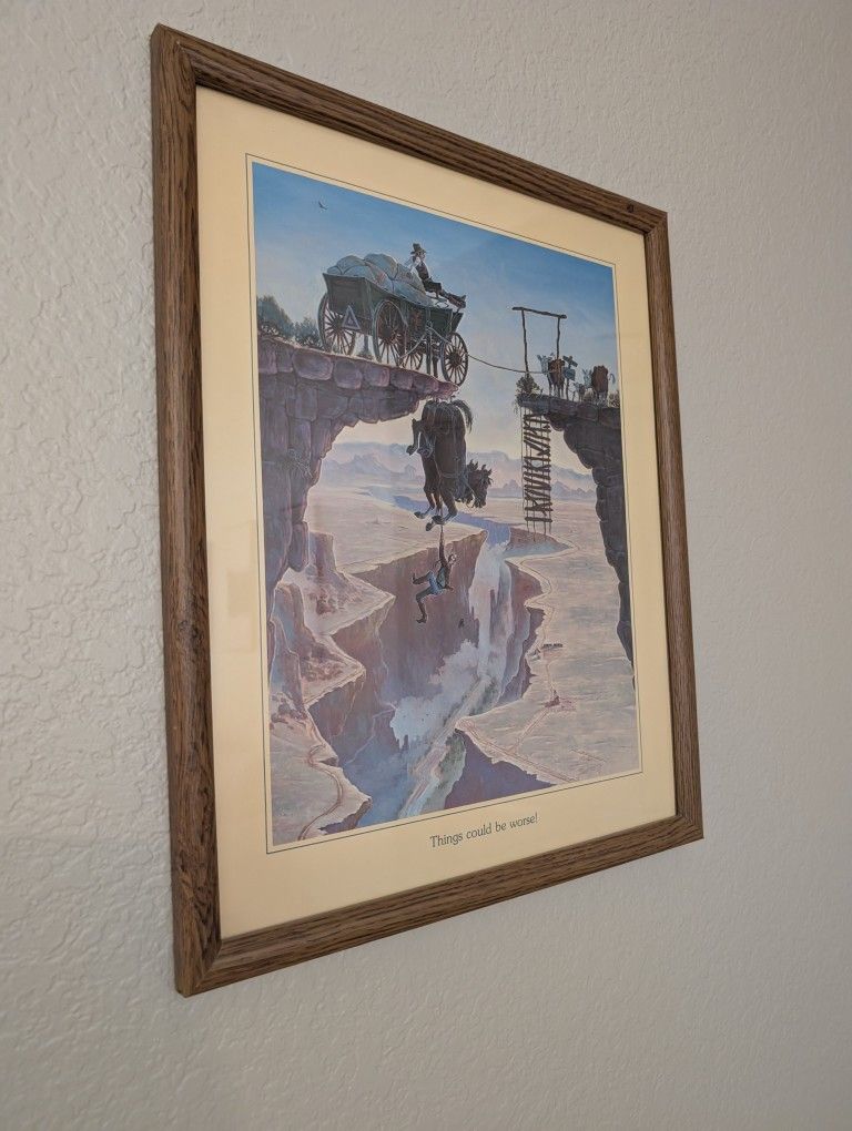 Vintage Cowboy "Things Could Be Worse!" Framed Print By Michael Scovel Wall Decor