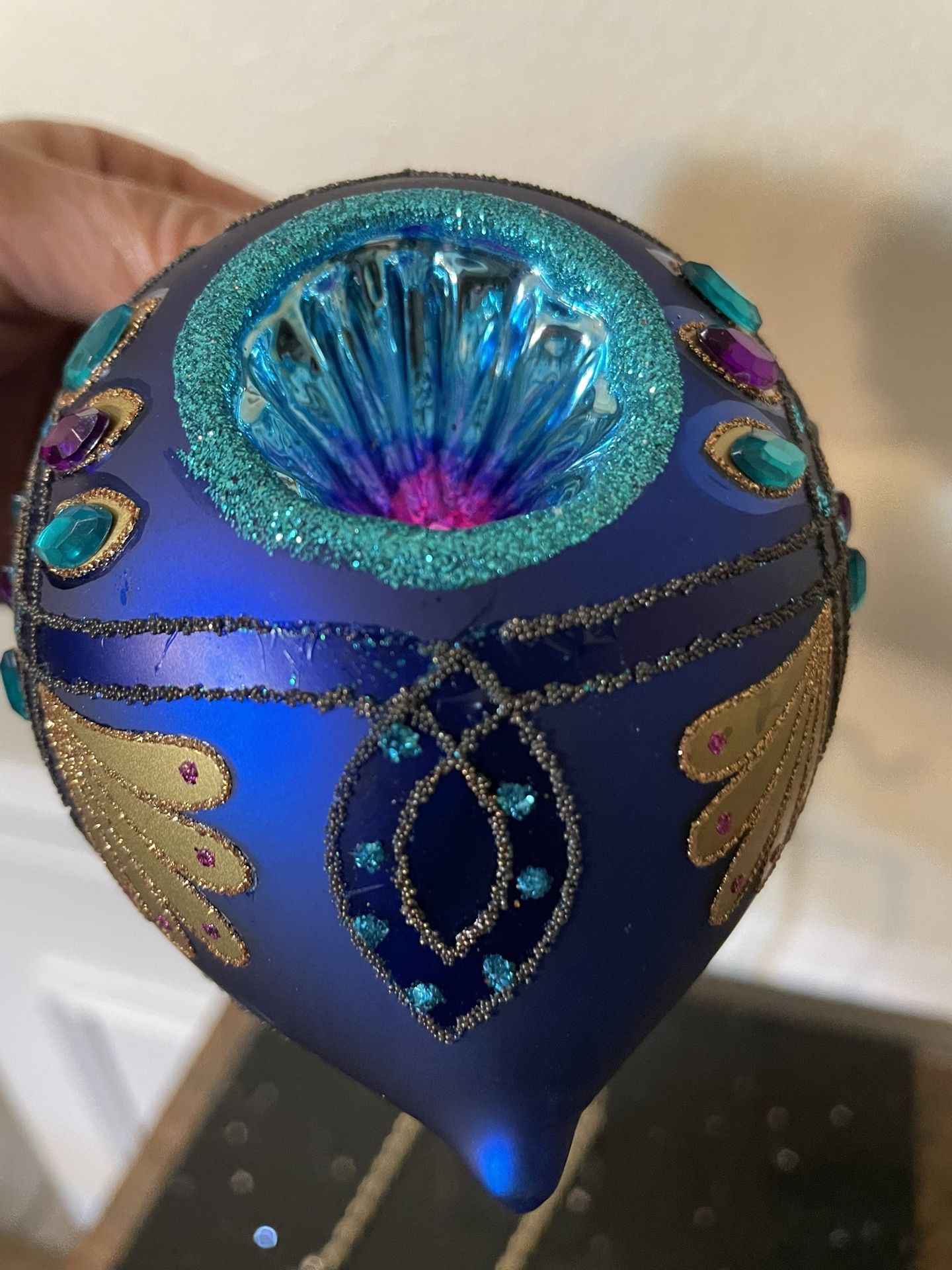 Hand-Painted Glass Christmas Ornament with Peacock Design