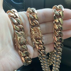 New 18k Rose Gold Filled Cuban Link Chain And Bracelet Set 