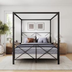 Queen Black Metal Canopy Bed Frame – $200