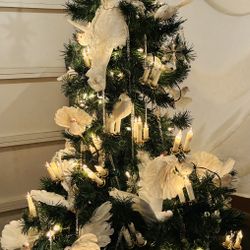 Christmas Tree,Artificial,Custom, Electric Candle Lights,Icicle Glass Ornaments,White Doves,Handmade Doll w/Dress,Lighted Star Top.