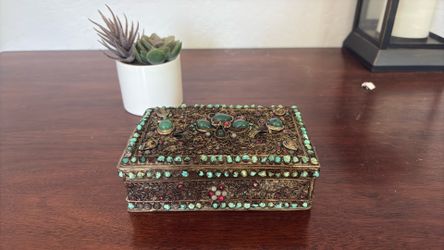 Ornate Metal Rectangular Trinket Box Hinged Lid with Green & Red Stones
