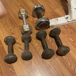 Dumbbells/pairs of eight and 10 pound dumbbells, single 12 and 15 Dumbell￼
