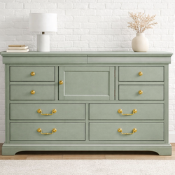 Sage Chateau Storage Dresser – Grand 8-Drawer + Cabinet Statement Piece with Antique Gold Hardware
