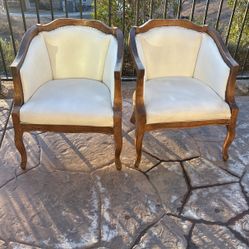 Set of 2 Vintage Wood Accent Chairs – White Upholstered