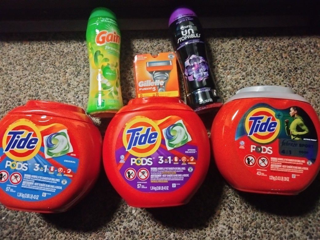 Tide Pods Downy Unstoppables, And Gillette Razors 