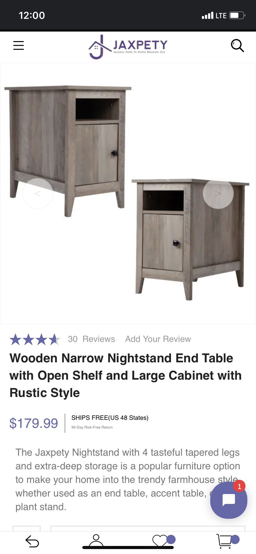 NEW Wooden Narrow Nightstand End Table with Open Shelf and Large Cabinet with Rustic Style