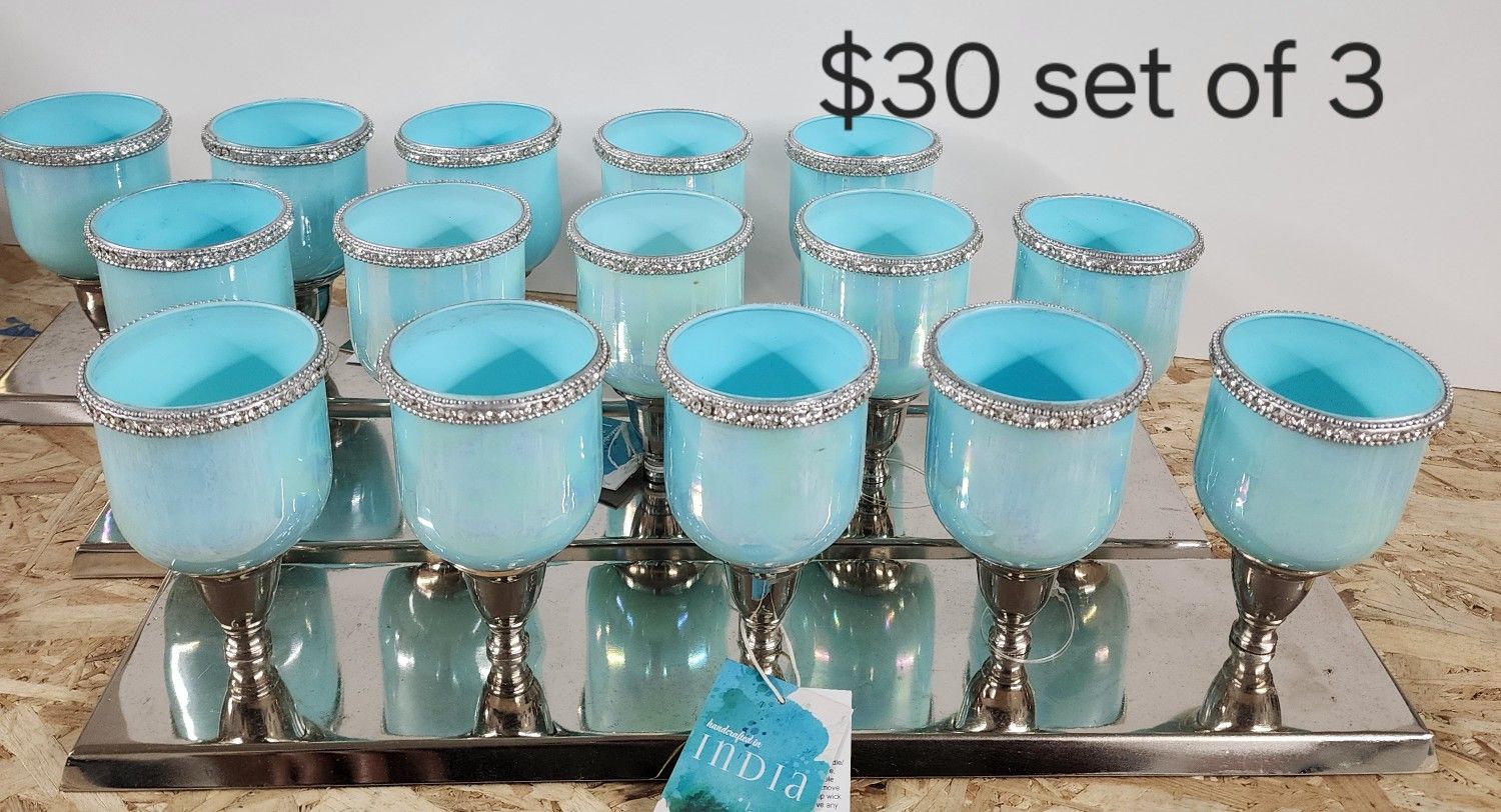 Set Of 3 Tiffany BLUE CANDLE HOLDERS