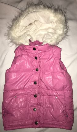 New NWT Girls Pink Vest With Detachable Hood With Faux Fur Size M 7/8