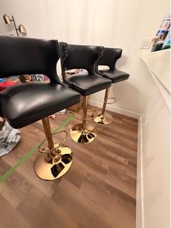 Set of 3 Adjustable Black & Gold Bar Stools
