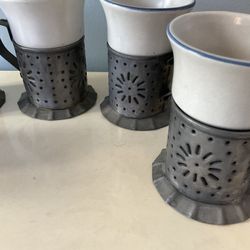 Set Of 5 Phaltzgraff Yorktowne Coffee Mugs With Punched Tin Holders